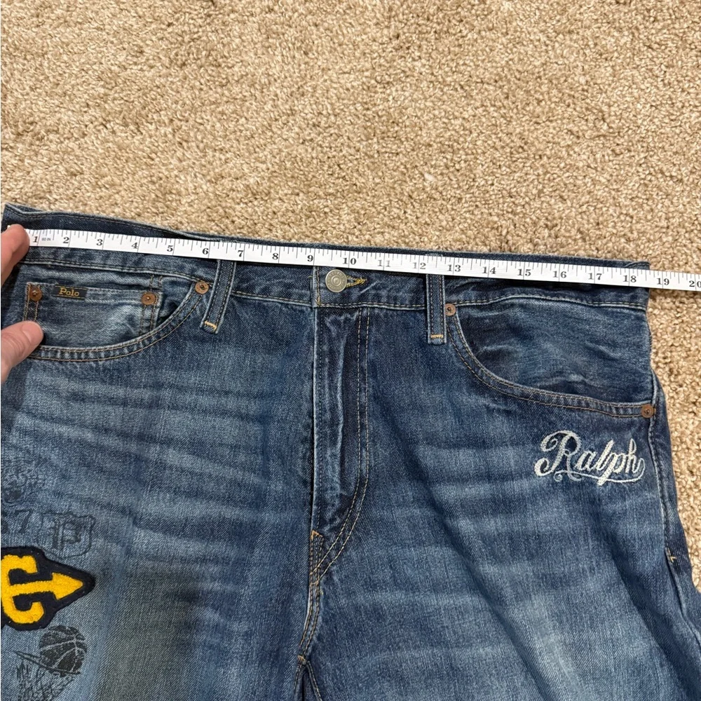 Polo Ralph Lauren Varick Jeans 36x32 CC Varsity Patch Embroidered Slim Straight